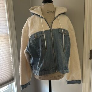 Blue Blush Jacket Denim & White Sherpa Hood Zip Front
